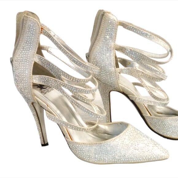 Shiekh Women's Annabelle Silver Shiny Bling Rhinestones Stiletto Heel Size 5.5 - Picture 1 of 11
